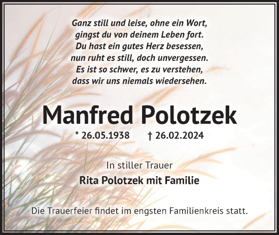Traueranzeige von Manfred Polotzek von Märkische Oderzeitung