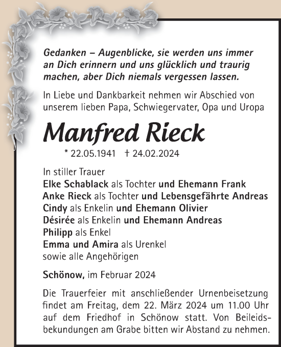 Traueranzeige von Manfred Rieck von Märkische Oderzeitung