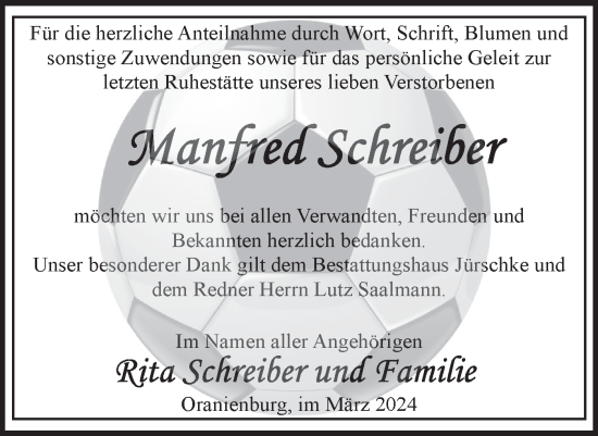 Traueranzeige von Manfred Schreiber von Märkische Oderzeitung