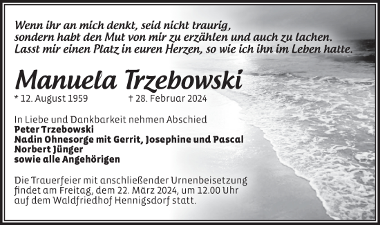 Traueranzeige von Manuela Trzebowski von Märkische Oderzeitung