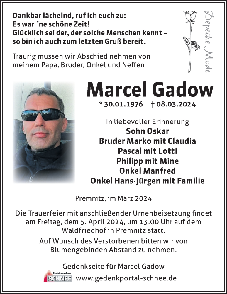  Traueranzeige für Marcel Gadow vom 23.03.2024 aus Märkische Oderzeitung