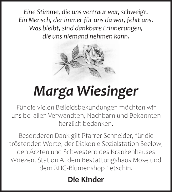 Traueranzeige von Marga Wiesinger von Märkische Oderzeitung