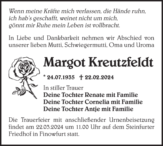 Traueranzeige von Margot Kreutzfeldt von Märkische Oderzeitung