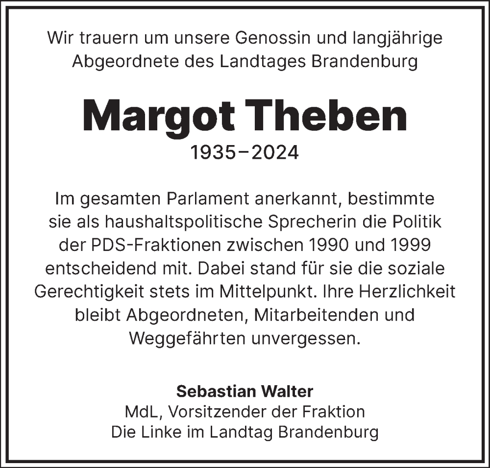  Traueranzeige für Margot Theben vom 30.03.2024 aus Märkische Oderzeitung