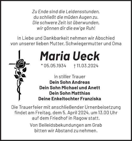Traueranzeige von Maria Ueck von Märkische Oderzeitung