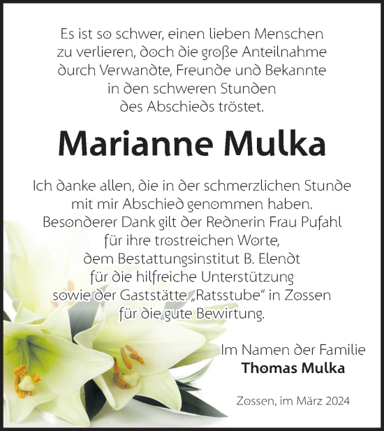 Traueranzeige von Marianne Mulka von Märkische Oderzeitung