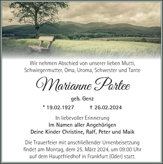 Traueranzeige von Marianne Portee von Märkische Oderzeitung