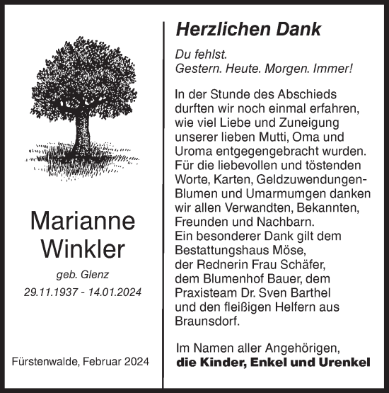 Traueranzeige von Marianne Winkler von Märkische Oderzeitung