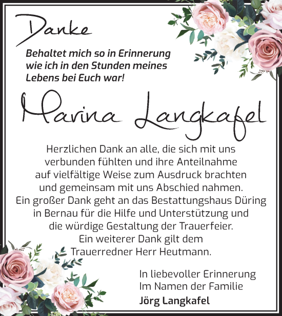 Traueranzeige von Marina Langkafel von Märkische Oderzeitung