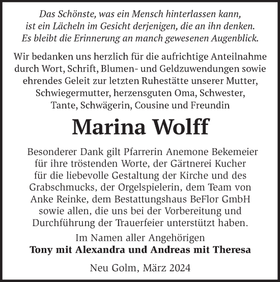 Traueranzeige von Marina Wolff von Märkische Oderzeitung