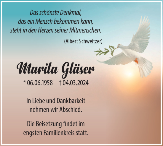 Traueranzeige von Marita Gläser von Märkische Oderzeitung