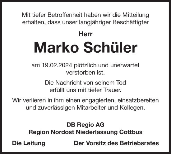 Traueranzeige von Marko Schüler von Märkische Oderzeitung