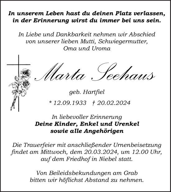 Traueranzeige von Marta Seehaus von Märkische Oderzeitung