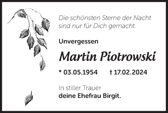 Traueranzeige von Martin Piotrowski von Märkische Oderzeitung