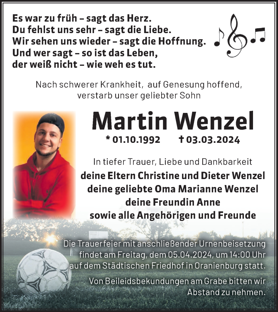  Traueranzeige für Martin Wenzel vom 23.03.2024 aus Märkische Oderzeitung