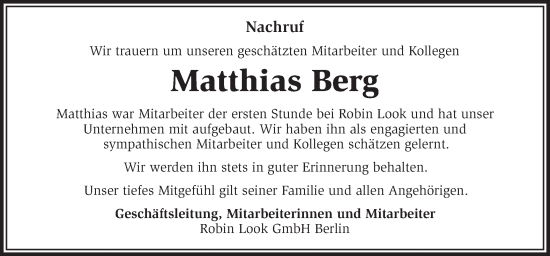 Traueranzeige von Matthias Berg von Märkische Oderzeitung