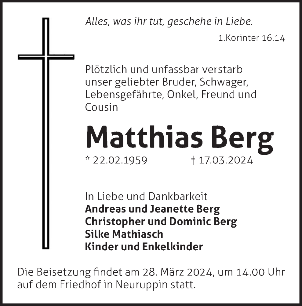  Traueranzeige für Matthias Berg vom 26.03.2024 aus Märkische Oderzeitung