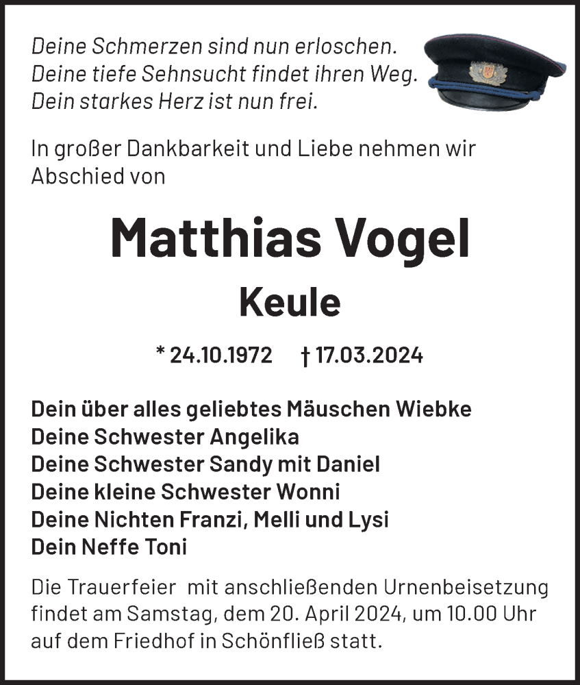  Traueranzeige für Matthias Vogel vom 23.03.2024 aus Märkische Oderzeitung