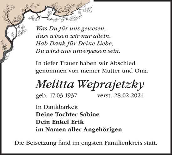 Traueranzeige von Melitta Weprajetzky von Märkische Oderzeitung