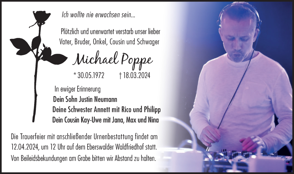  Traueranzeige für Michael Poppe vom 30.03.2024 aus Märkische Oderzeitung