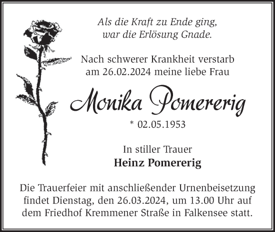 Traueranzeige von Monika Pomererig von Märkische Oderzeitung