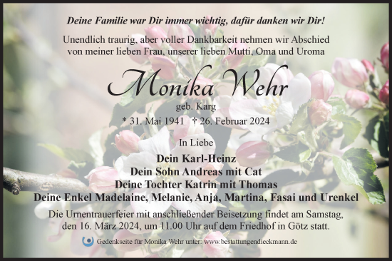 Traueranzeige von Monika Wehr von Märkische Oderzeitung