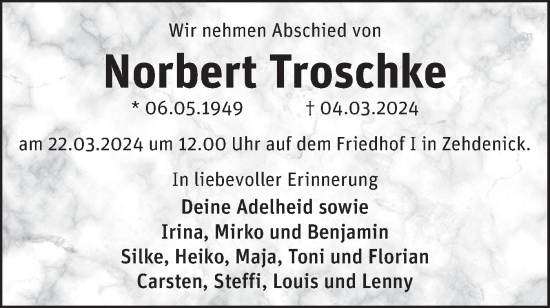 Traueranzeige von Norbert Troschke von Märkische Oderzeitung