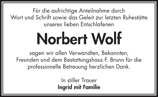 Traueranzeige von Norbert Wolf von Märkische Oderzeitung