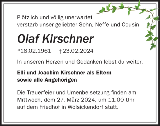 Traueranzeige von Olaf Kirschner von Märkische Oderzeitung