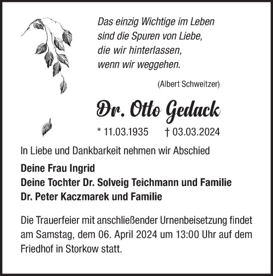 Traueranzeige von Otto Gedack von Märkische Oderzeitung