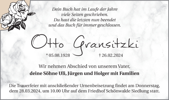 Traueranzeige von Otto Gransitzki von Märkische Oderzeitung