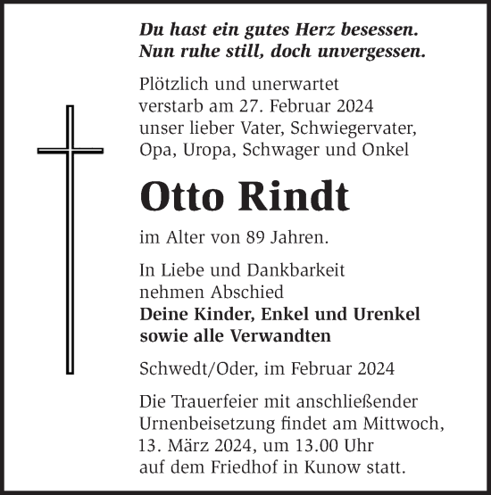 Traueranzeige von Otto Rindt von Märkische Oderzeitung