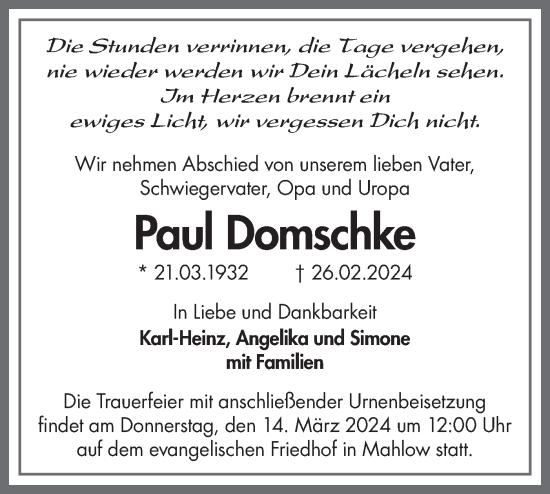 Traueranzeige von Paul Domschke von Märkische Oderzeitung