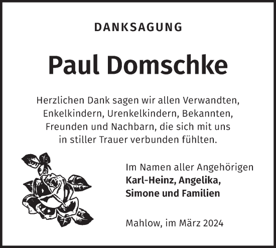 Traueranzeige von Paul Domschke von Märkische Oderzeitung