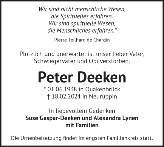 Traueranzeige von Peter Deeken von Märkische Oderzeitung