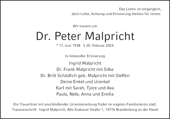 Traueranzeige von Peter Malpricht von Märkische Oderzeitung