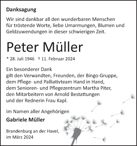 Traueranzeige von Peter Müller von Märkische Oderzeitung