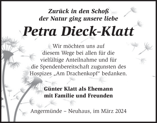 Traueranzeige von Petra Dieck-Klatt von Märkische Oderzeitung