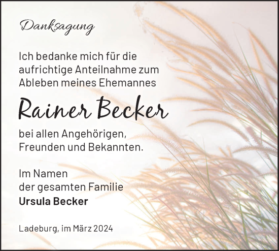 Traueranzeige von Rainer Becker von Märkische Oderzeitung