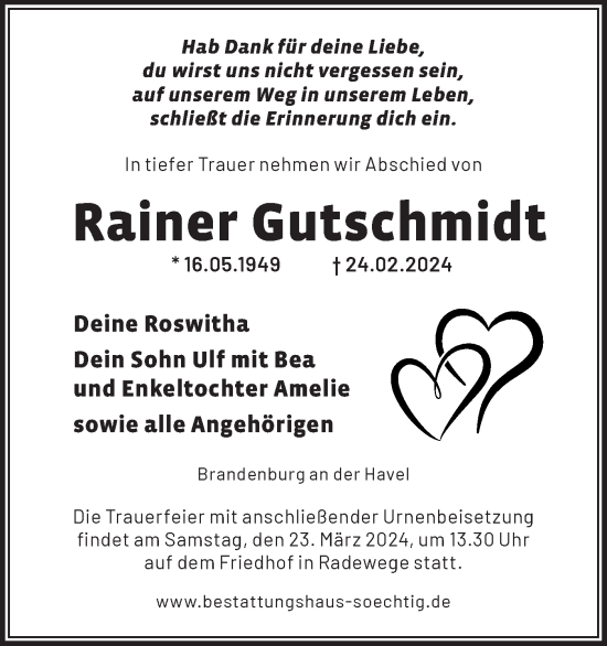 Traueranzeige von Rainer Gutschmidt von Märkische Oderzeitung