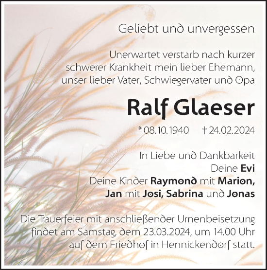 Traueranzeige von Ralf Glaeser von Märkische Oderzeitung