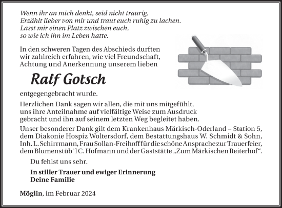 Traueranzeige von Ralf Gotsch von Märkische Oderzeitung