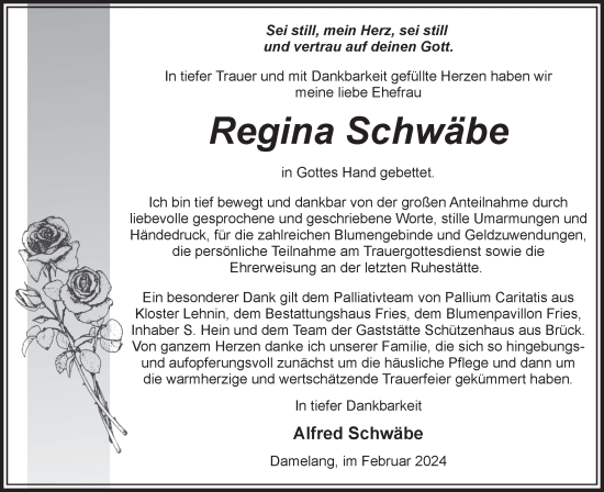 Traueranzeige von Regina Schwäbe von Märkische Oderzeitung