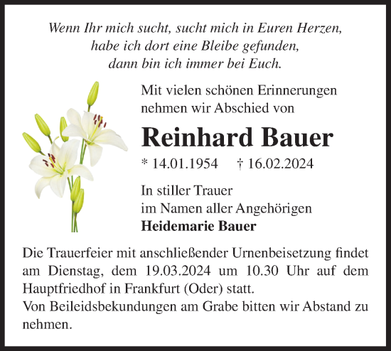 Traueranzeige von Reinhard Bauer von Märkische Oderzeitung