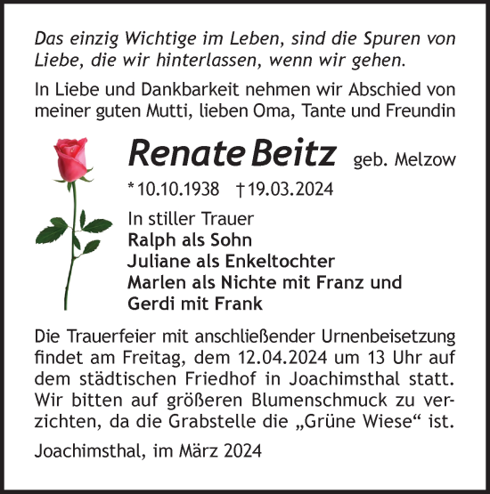 Traueranzeige von Renate Beitz von Märkische Oderzeitung