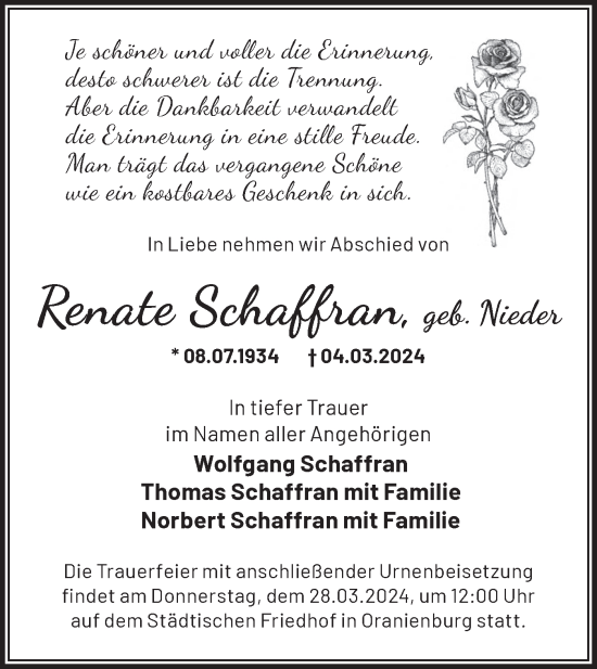 Traueranzeige von Renate Schaffran von Märkische Oderzeitung