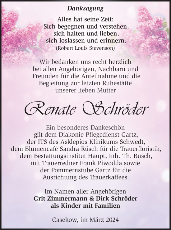 Traueranzeige von Renate Schröder von Märkische Oderzeitung