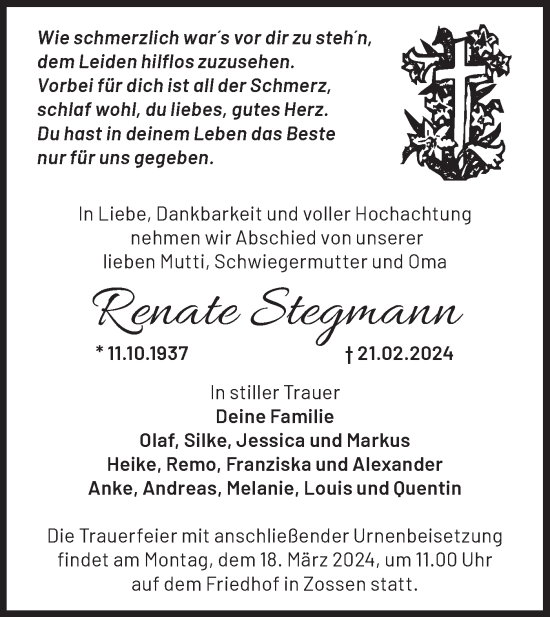 Traueranzeige von Renate Stegmann von Märkische Oderzeitung