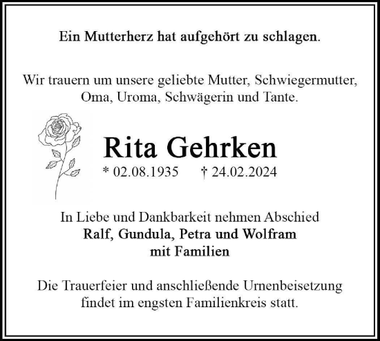Traueranzeige von Rita Gehrken von Märkische Oderzeitung