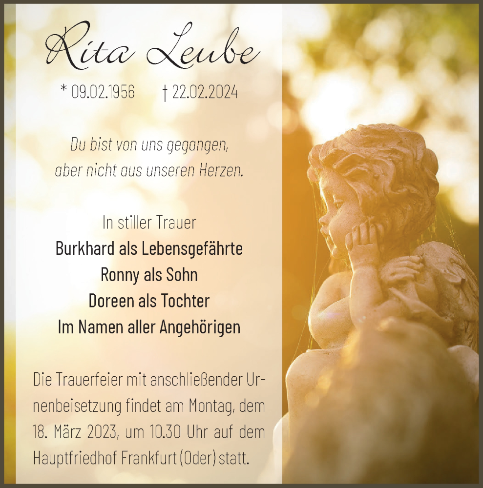 Traueranzeige für Rita Leube vom 09.03.2024 aus Märkische Oderzeitung
